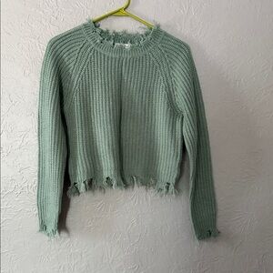 Frayed Hem Mint Green Sweater